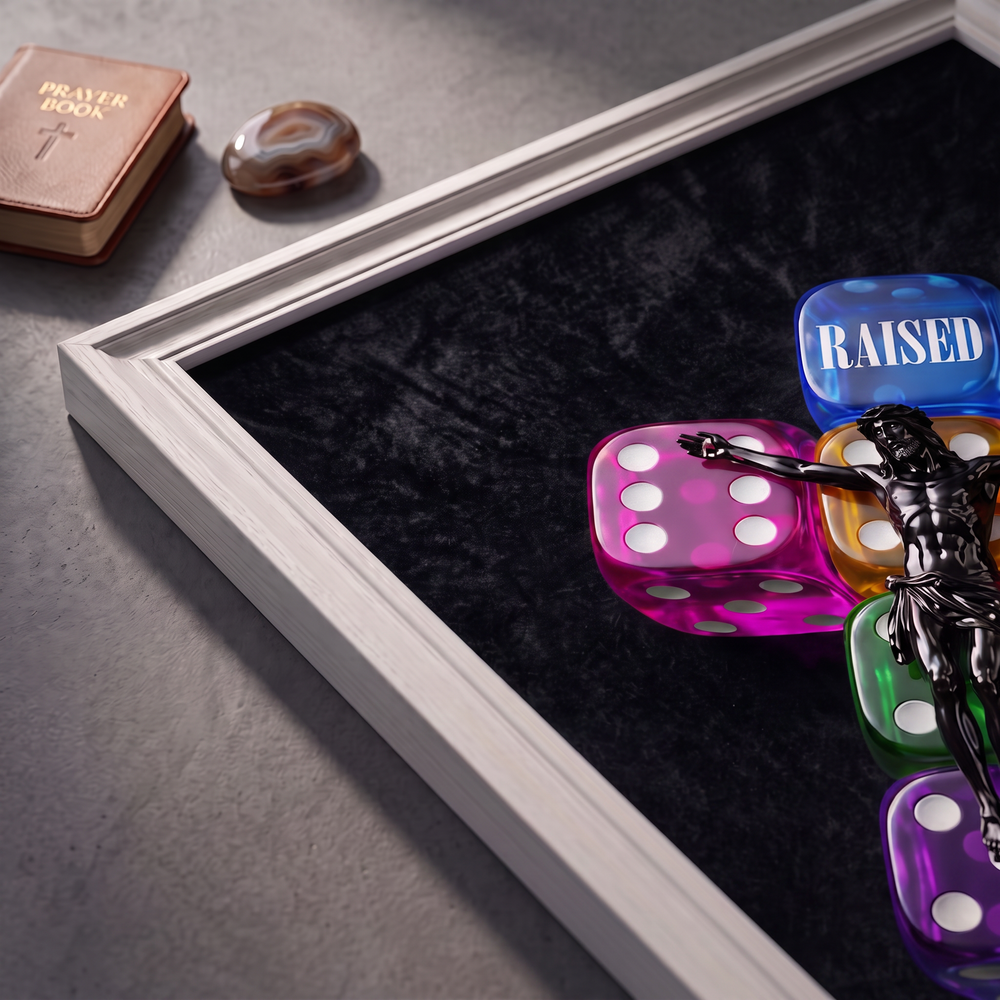 Angled close-up of the RAISED black poster showing Jesus over colorful dice and RAISED lettering.
