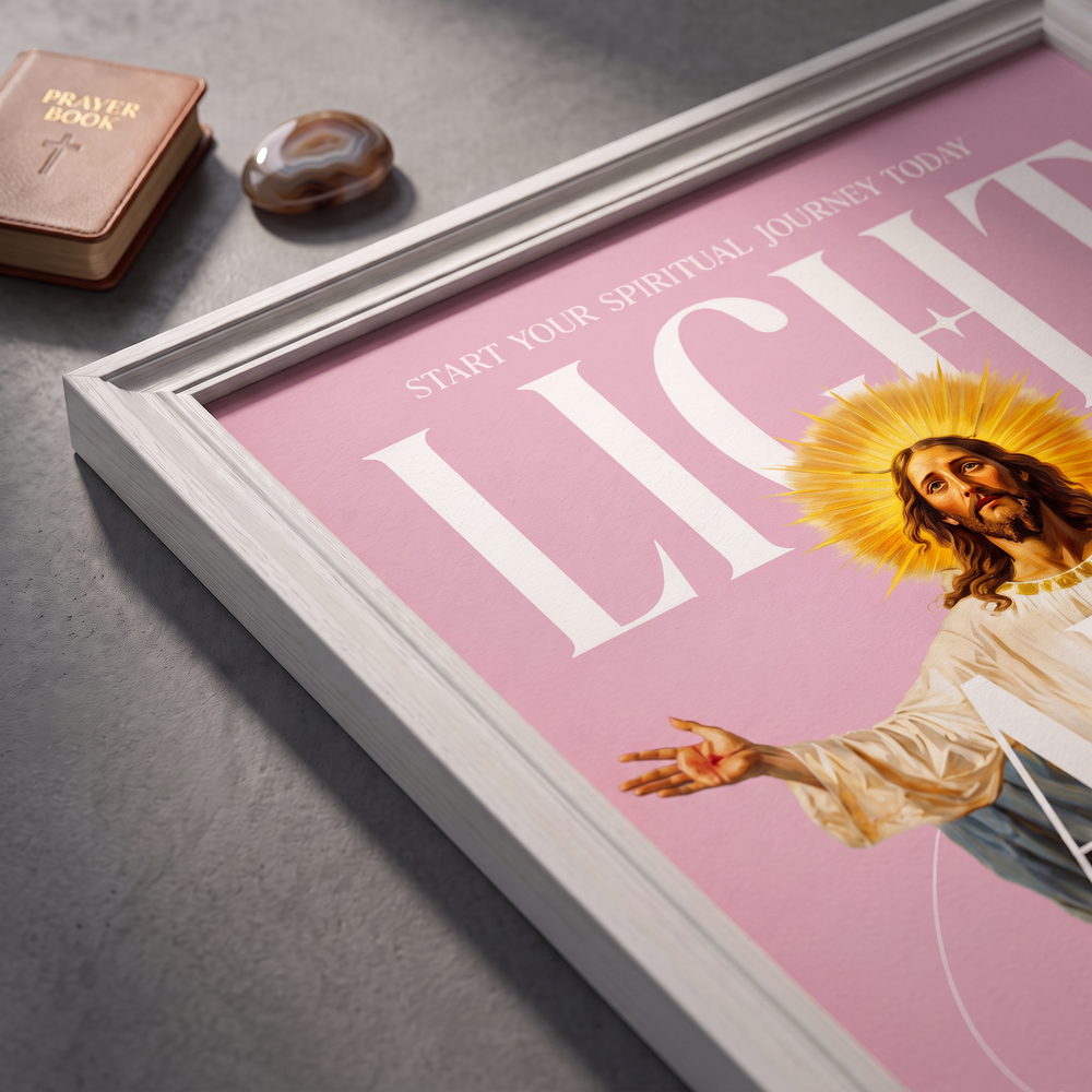 Angled close-up of the Light & Truth pink poster showing Jesus, a golden halo, and white lettering.