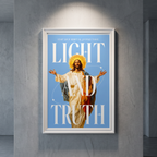 Light & Truth blue Jesus poster with white lettering, displayed in a white frame against a gray wall.
