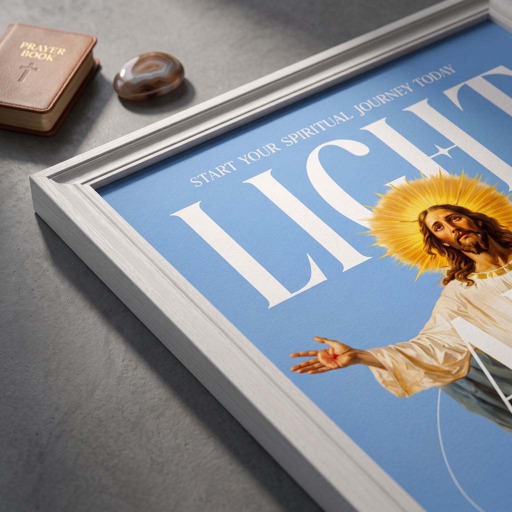 Angled close-up of the Light & Truth blue poster showing Jesus, a golden halo, and white lettering.