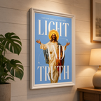 Light & Truth blue Jesus poster displayed in a white frame on a paneled wall beside a plant and lamp.