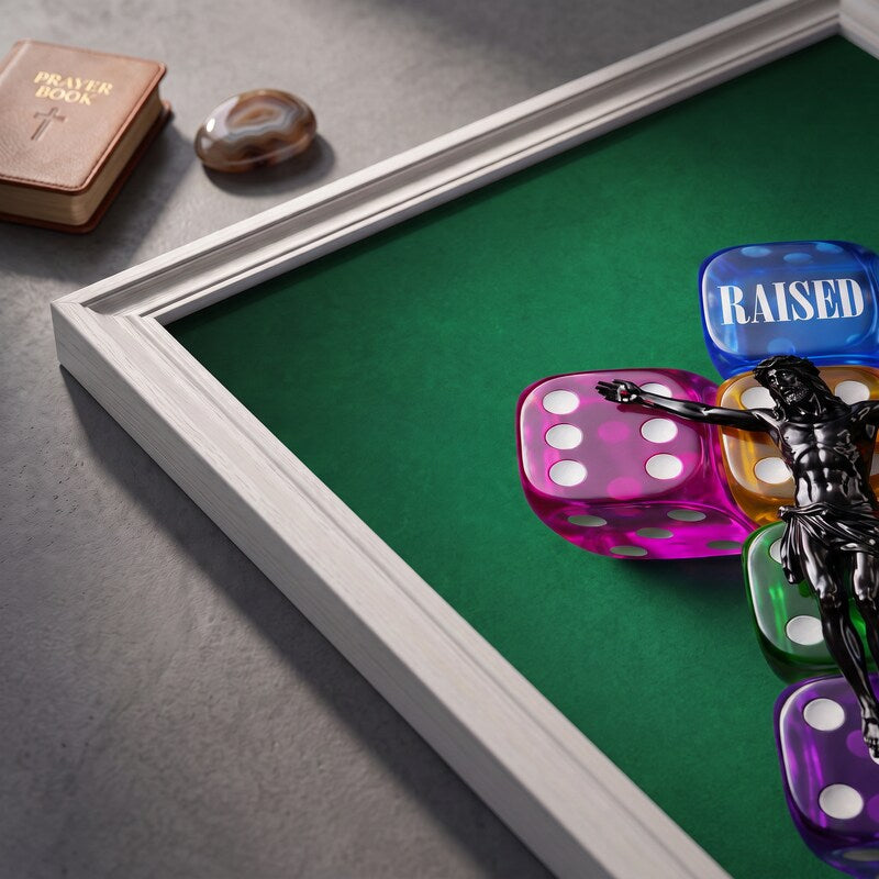 Angled close-up of the RAISED green poster showing Jesus over colorful dice and RAISED lettering.