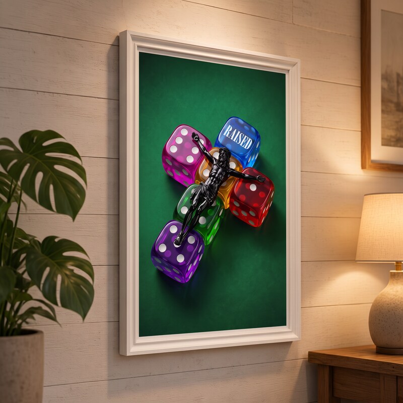 RAISED green Jesus poster displayed in a white frame on a paneled wall beside a plant and lamp.