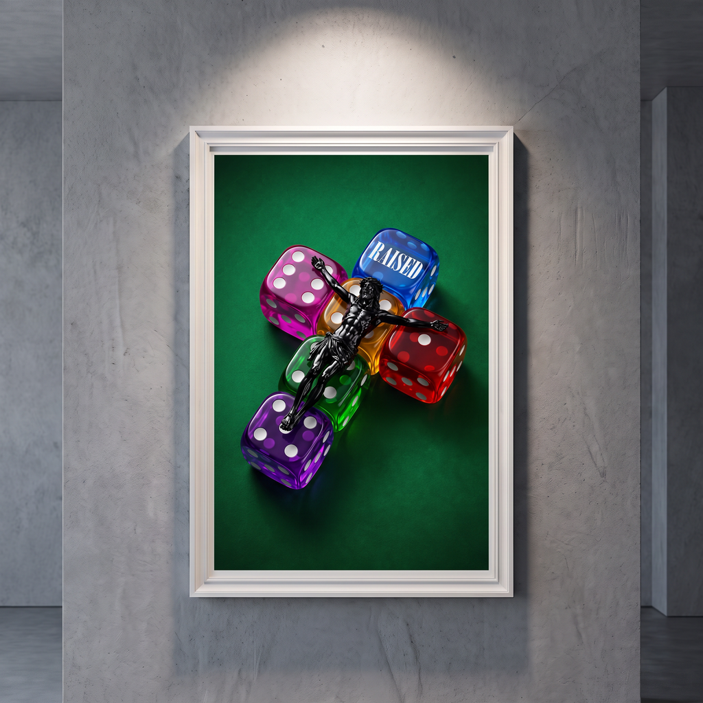 RAISED green Jesus poster featuring colorful translucent dice, displayed in a white frame on a gray wall.
