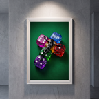 RAISED green Jesus poster featuring colorful translucent dice, displayed in a white frame on a gray wall.