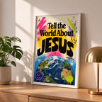 Tell the World About Jesus poster in a styled tabletop mockup beside a plant and brass-colored lamp.