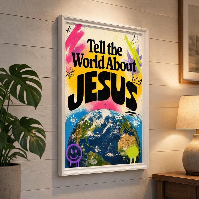 Tell the World About Jesus poster displayed in a white frame on a paneled wall beside a plant and lamp.