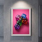 RAISED pink Jesus poster featuring colorful translucent dice, displayed in a white frame on a gray wall.