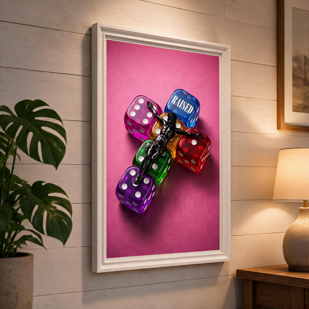 RAISED pink Jesus poster displayed in a white frame on a paneled wall beside a plant and lamp.