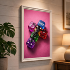 RAISED pink Jesus poster displayed in a white frame on a paneled wall beside a plant and lamp.