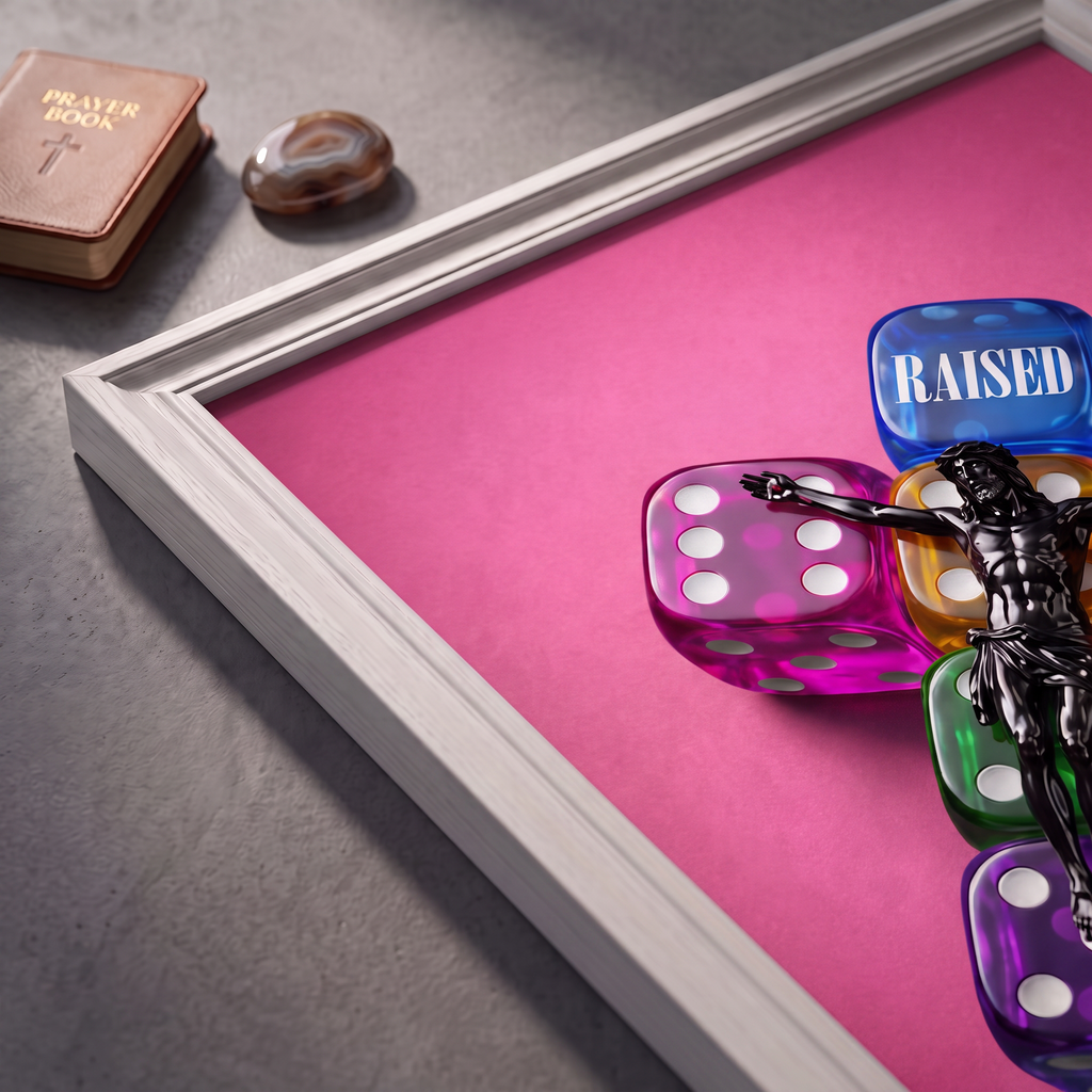 Angled close-up of the RAISED pink poster showing Jesus over colorful dice and RAISED lettering.
