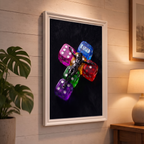 RAISED black Jesus poster displayed in a white frame on a paneled wall beside a plant and lamp.