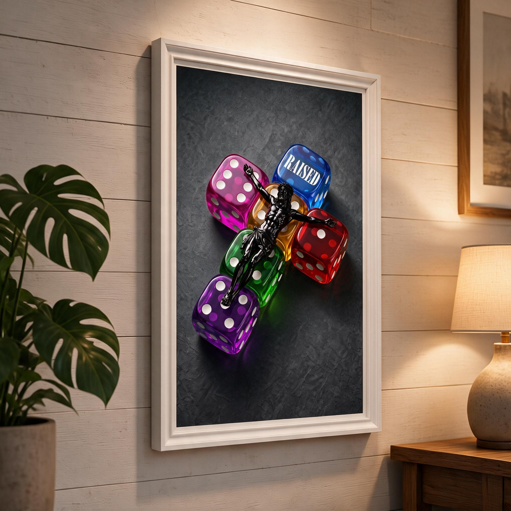 RAISED grey Jesus poster displayed in a white frame on a paneled wall beside a plant and lamp.