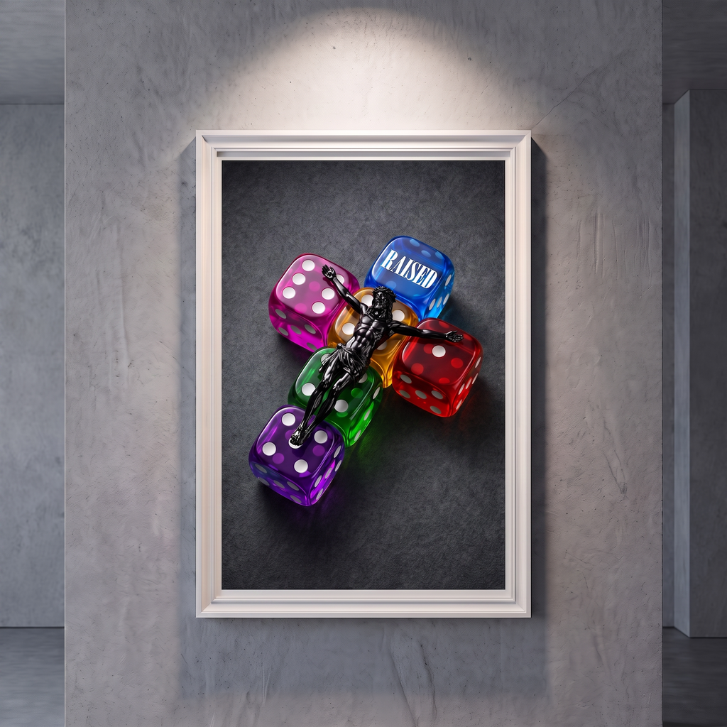 RAISED grey Jesus poster featuring colorful translucent dice, displayed in a white frame on a gray wall.