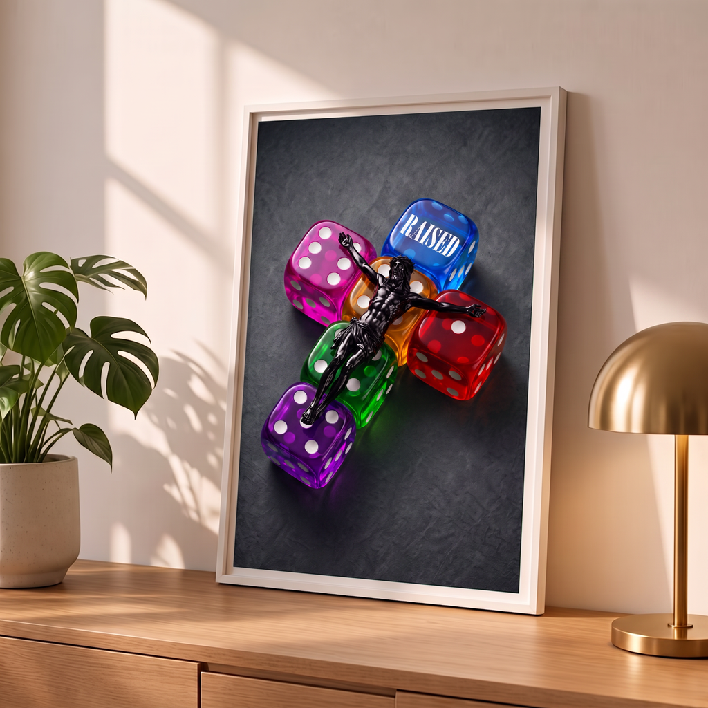 RAISED grey Jesus poster in a styled tabletop mockup beside a plant and brass-colored lamp.