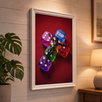 RAISED dark red Jesus poster displayed in a white frame on a paneled wall beside a plant and lamp.