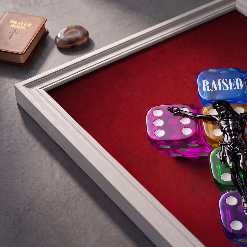 Angled close-up of the RAISED dark red poster showing Jesus over colorful dice and RAISED lettering.