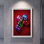 RAISED dark red Jesus poster featuring colorful translucent dice, displayed in a white frame on a gray wall.
