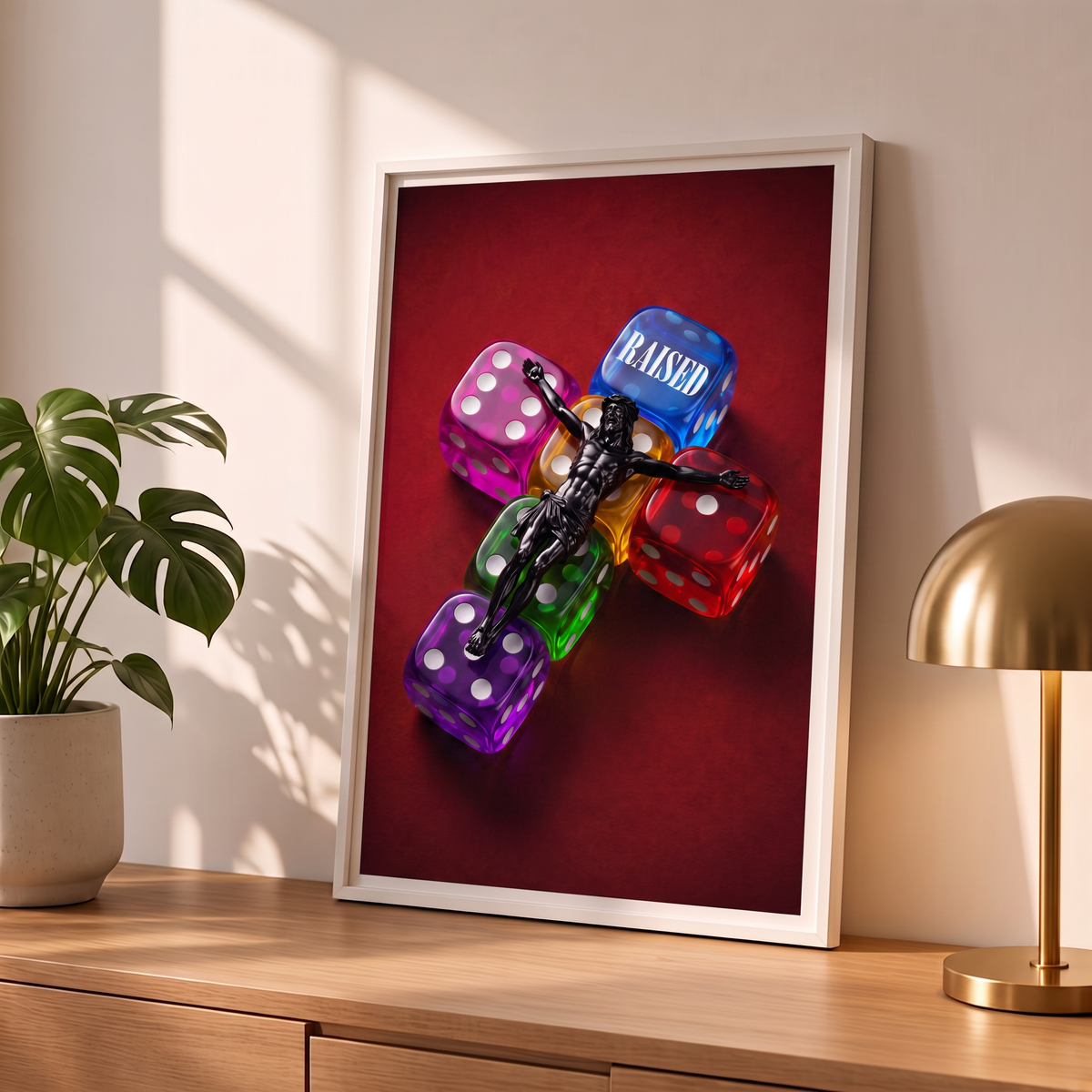 RAISED dark red Jesus poster in a styled tabletop mockup beside a plant and brass-colored lamp.