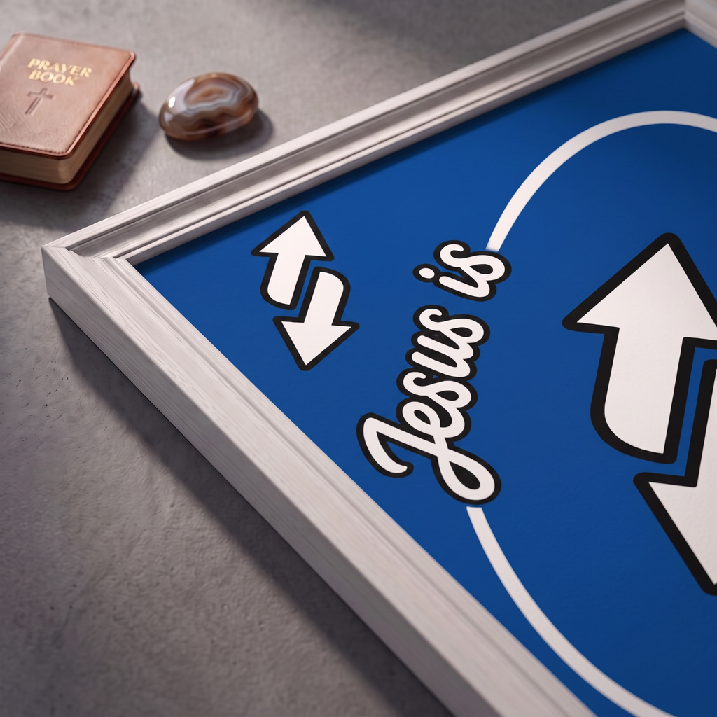 Angled close-up of the Jesus Is Everything blue poster showing white arrows and black-outlined script.