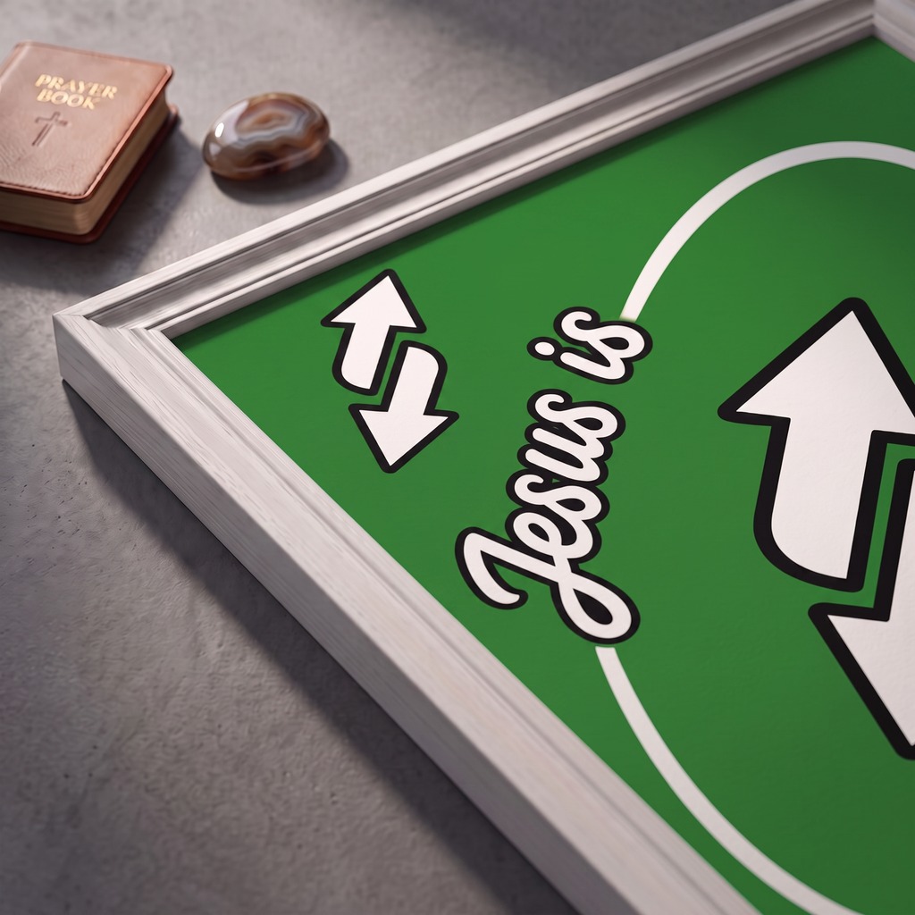 Angled close-up of the Jesus Is Everything green poster showing white arrows and black-outlined script.