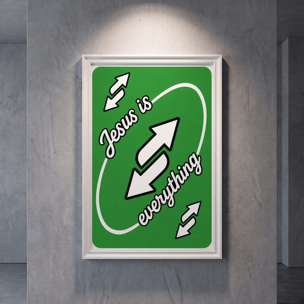 Jesus Is Everything green poster with white script and arrow graphics, shown in a white frame on a gray wall.
