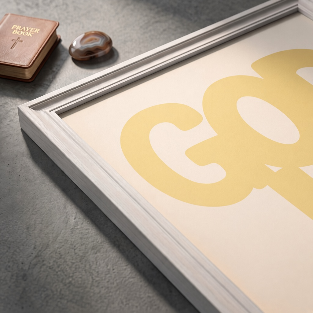 Angled close-up of the God Is Good  poster with rounded yellow lettering on a cream background.