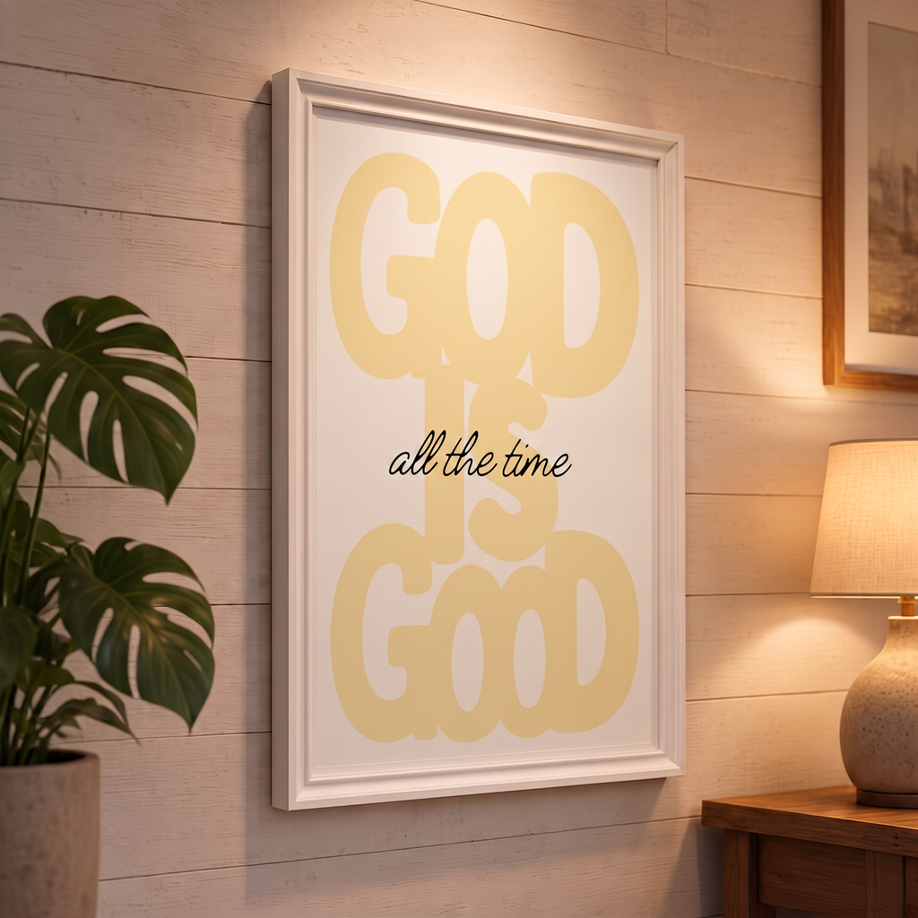 God Is Good yellow poster displayed in a white frame on a paneled wall beside a plant and lamp.