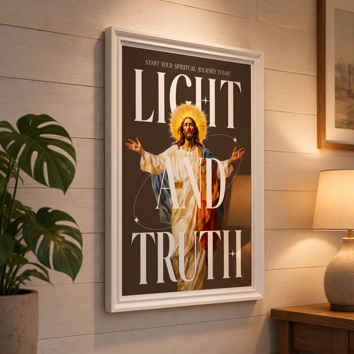 Light & Truth brown Jesus poster displayed on a paneled wall beside a plant and lamp.