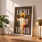 Light & Truth brown Jesus poster in a styled tabletop mockup beside a plant and a brass-colored lamp.