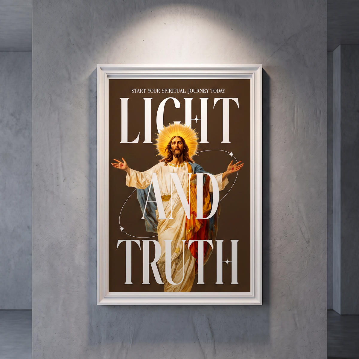 Light & Truth brown Jesus poster with white lettering, displayed in a white frame against a gray wall.
