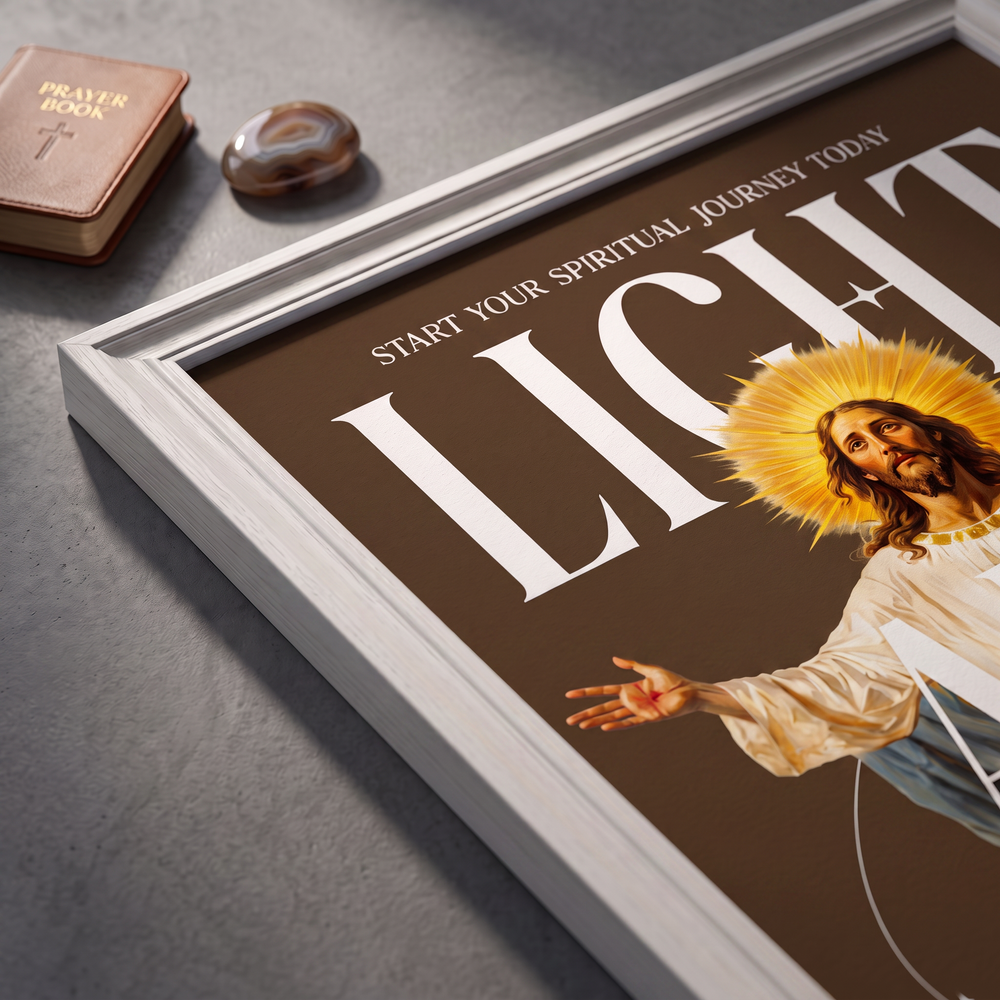 Angled close-up of the Light & Truth brown poster showing Jesus, a golden halo, and white lettering.