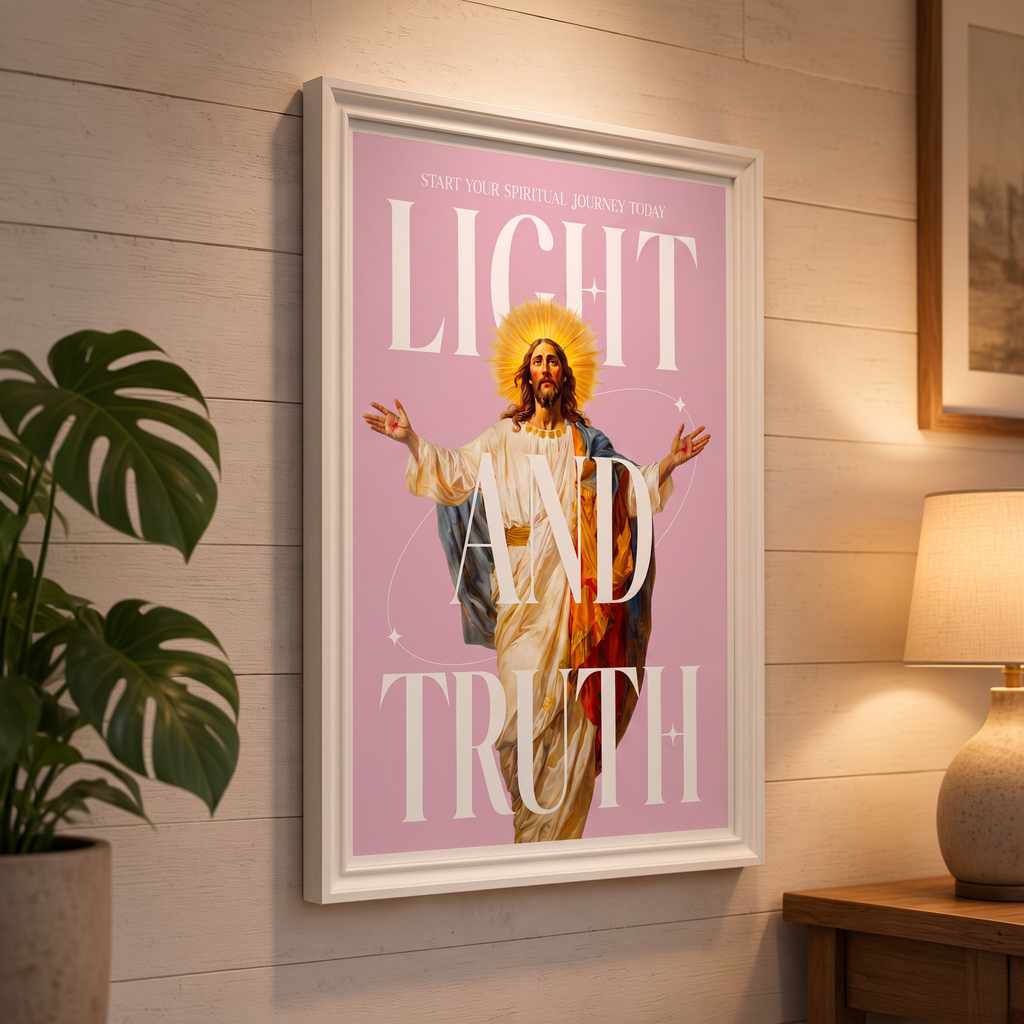Light & Truth pink Jesus poster displayed in a white frame on a paneled wall beside a plant and lamp.