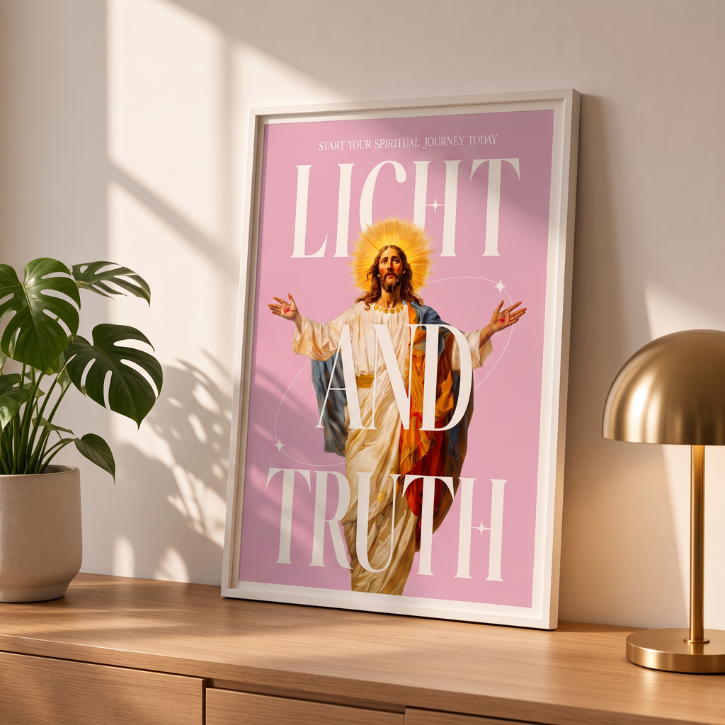 Light & Truth pink Jesus poster in a styled tabletop mockup beside a plant and a brass-colored lamp.