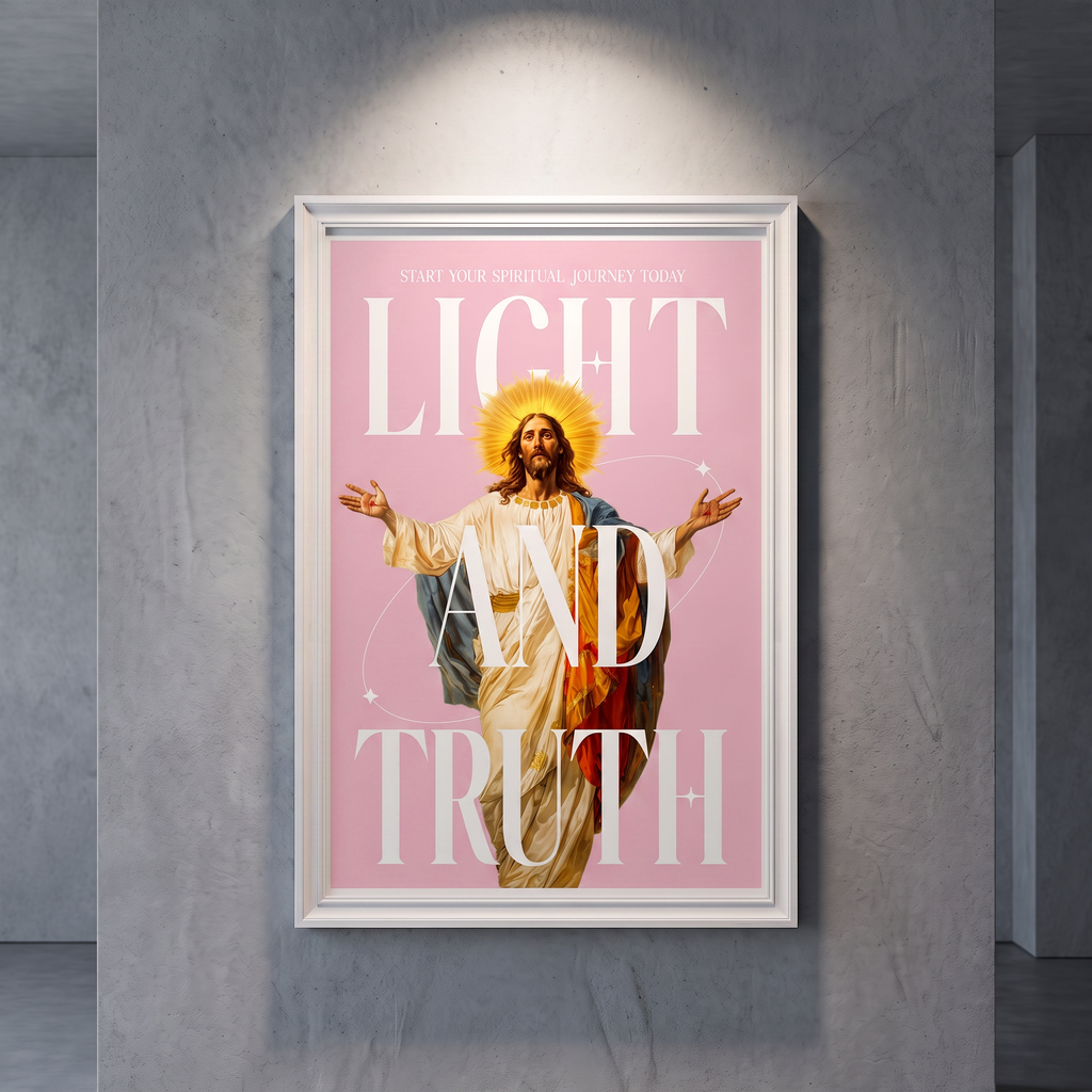 Light & Truth pink Jesus poster with white lettering, displayed in a white frame against a gray wall.
