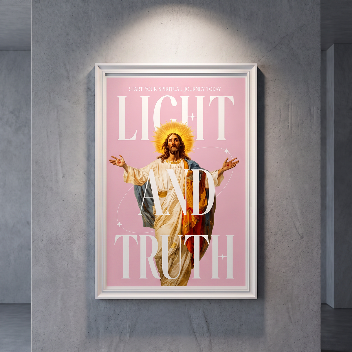 Light & Truth pink Jesus poster with white lettering, displayed in a white frame against a gray wall.