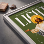 Angled close-up of the Light & Truth green poster showing Jesus, a golden halo, and white lettering.