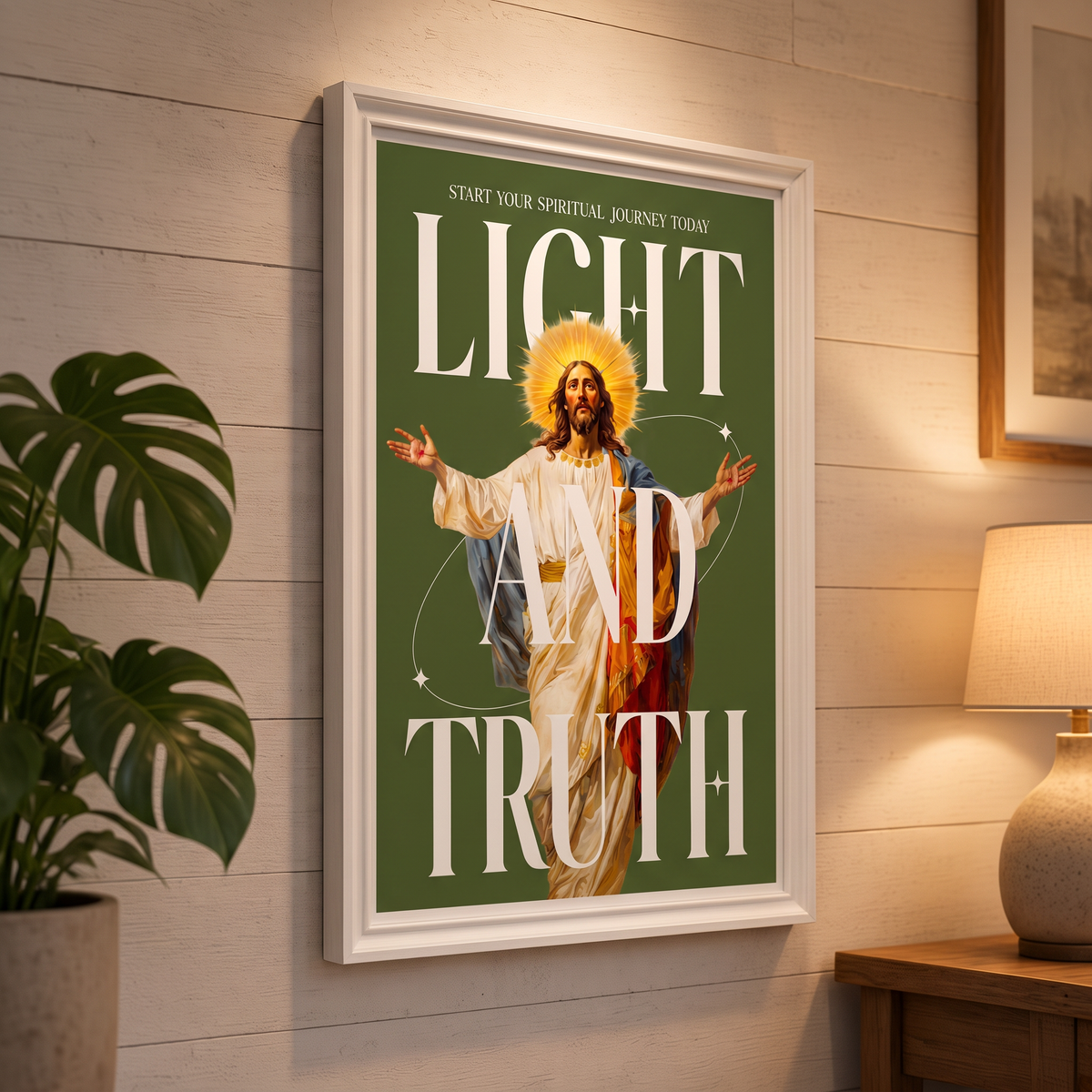 Light & Truth green Jesus poster displayed in a white frame on a paneled wall beside a plant and lamp.
