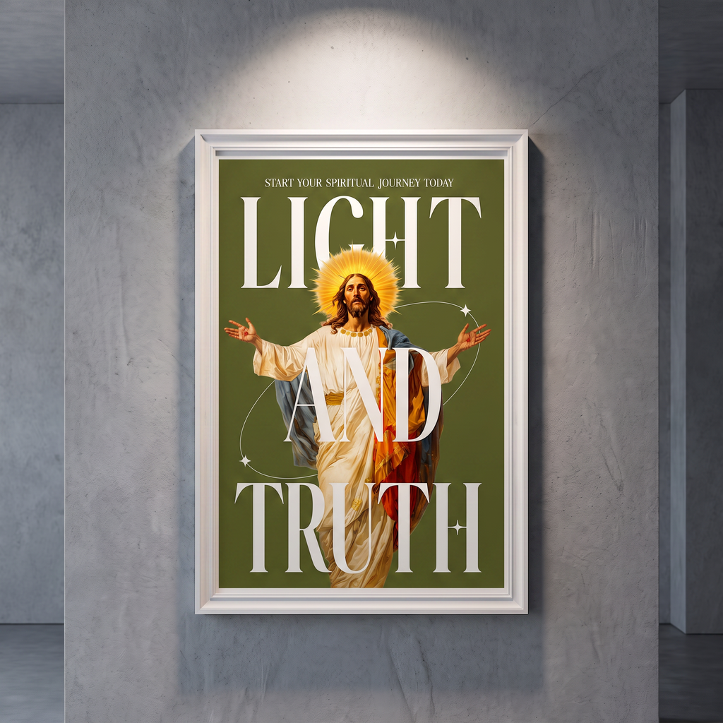 Light & Truth green Jesus poster with white lettering, displayed in a white frame against a gray wall.