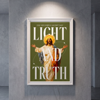 Light & Truth green Jesus poster with white lettering, displayed in a white frame against a gray wall.