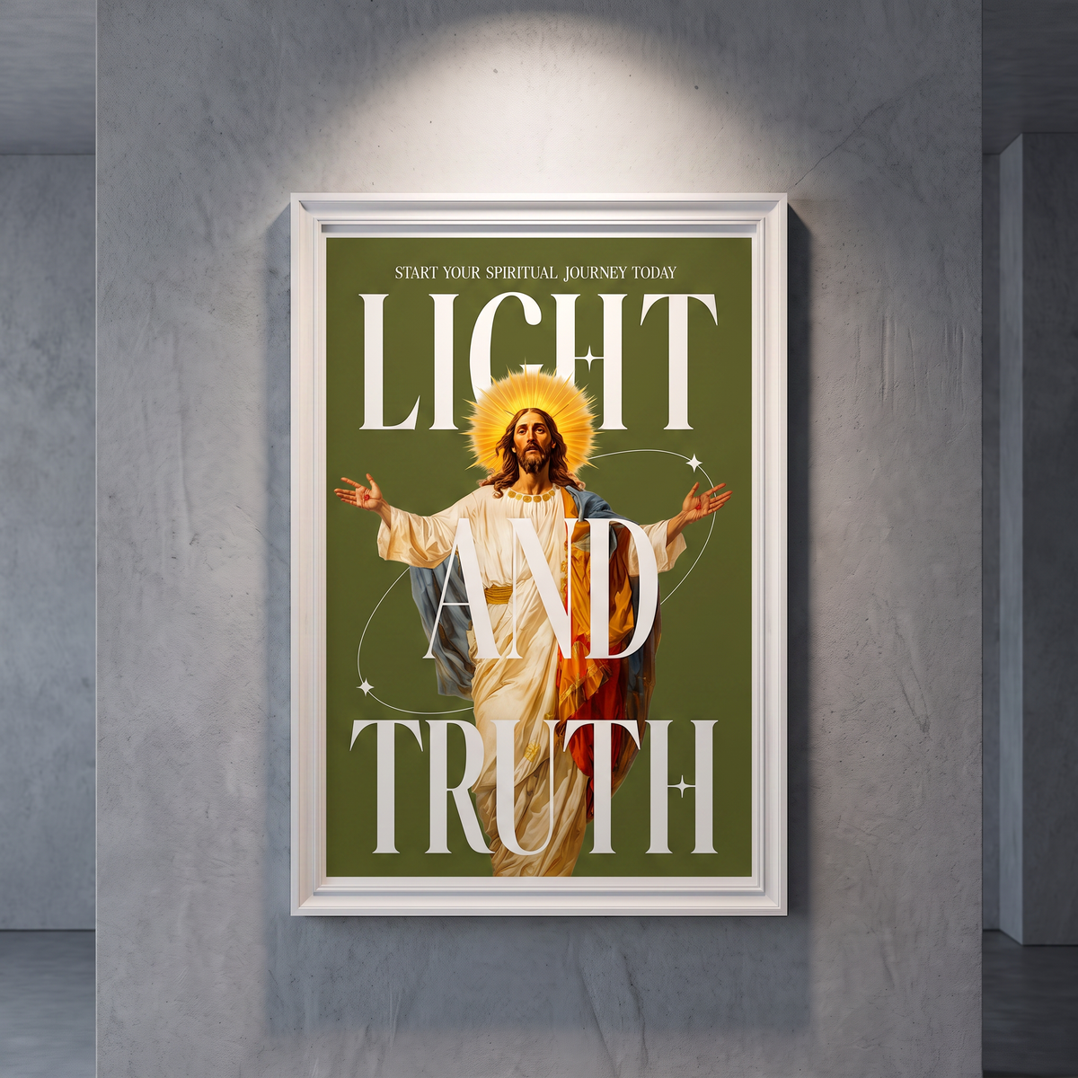 Light & Truth green Jesus poster with white lettering, displayed in a white frame against a gray wall.