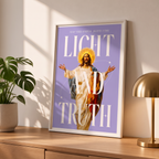 Light & Truth purple Jesus poster in a styled tabletop mockup beside a plant and lamp.
