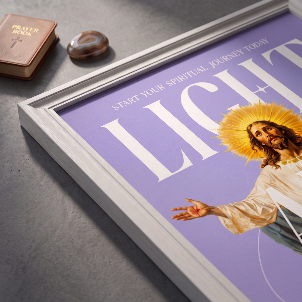 Angled close-up of the Light & Truth purple poster showing Jesus, a golden halo, and white lettering.
