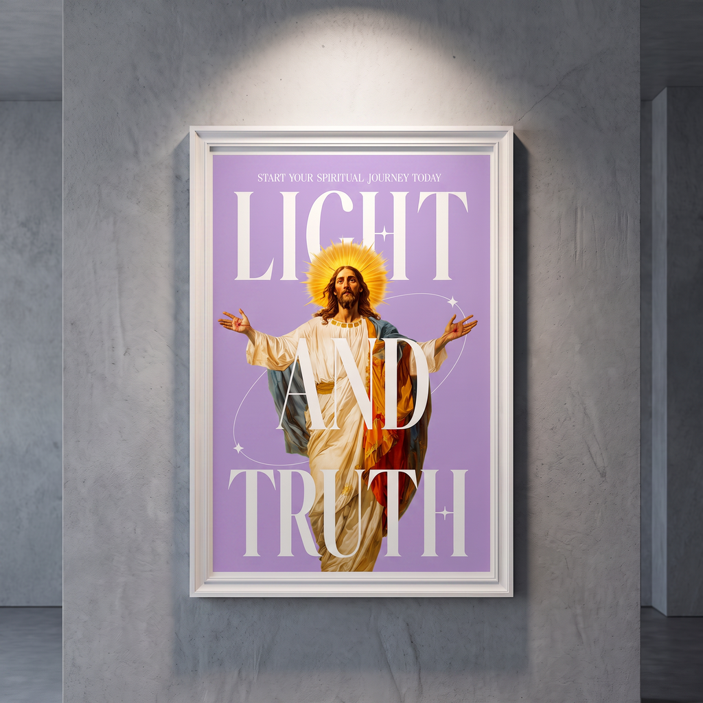 Light & Truth purple Jesus poster with white lettering, displayed in a white frame on a gray wall.