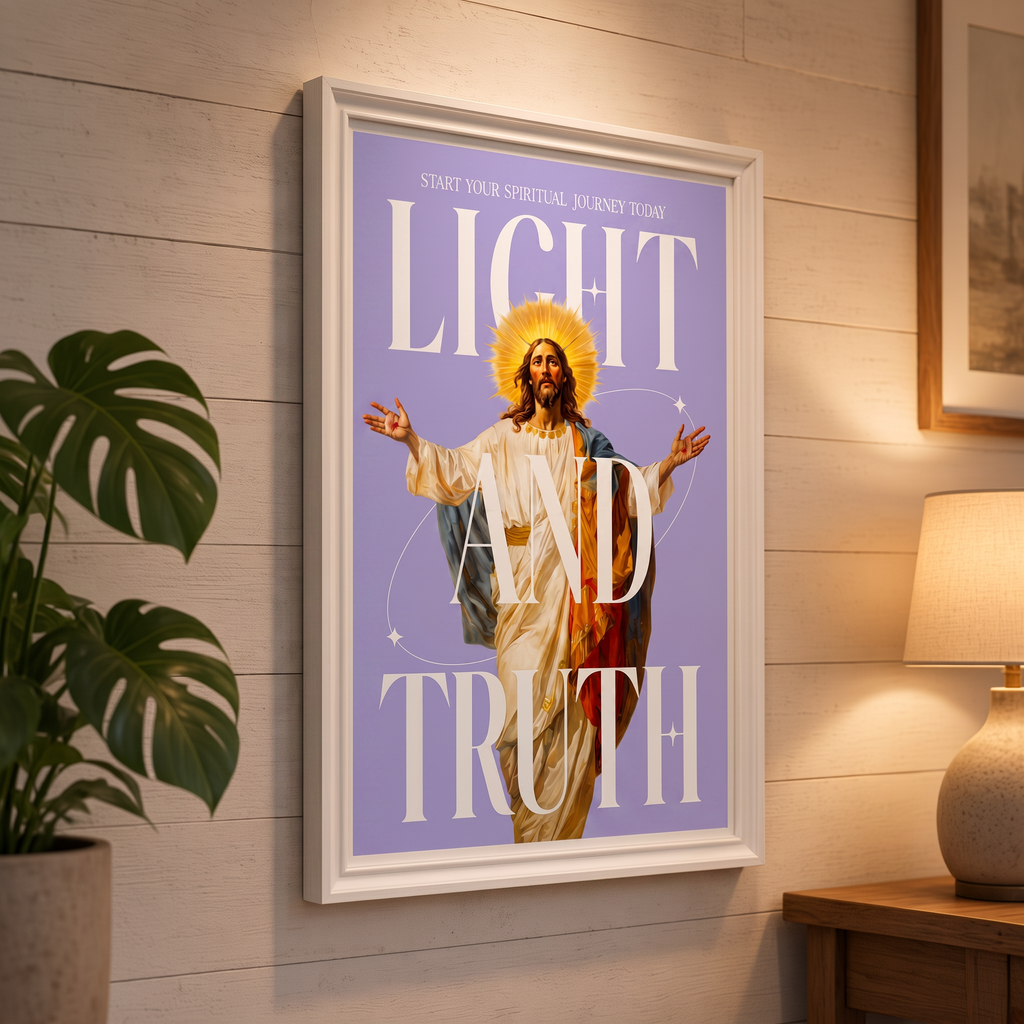 Light & Truth purple Jesus poster displayed in a white frame on a living-room wall.