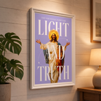 Light & Truth purple Jesus poster displayed in a white frame on a living-room wall.