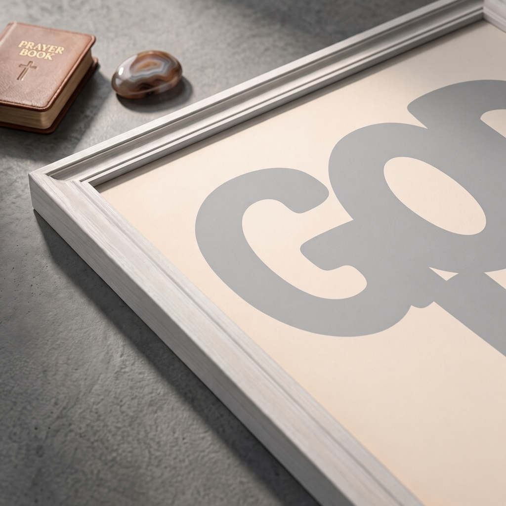 Angled close-up of the God Is Good grey poster showing rounded lettering on a cream background.