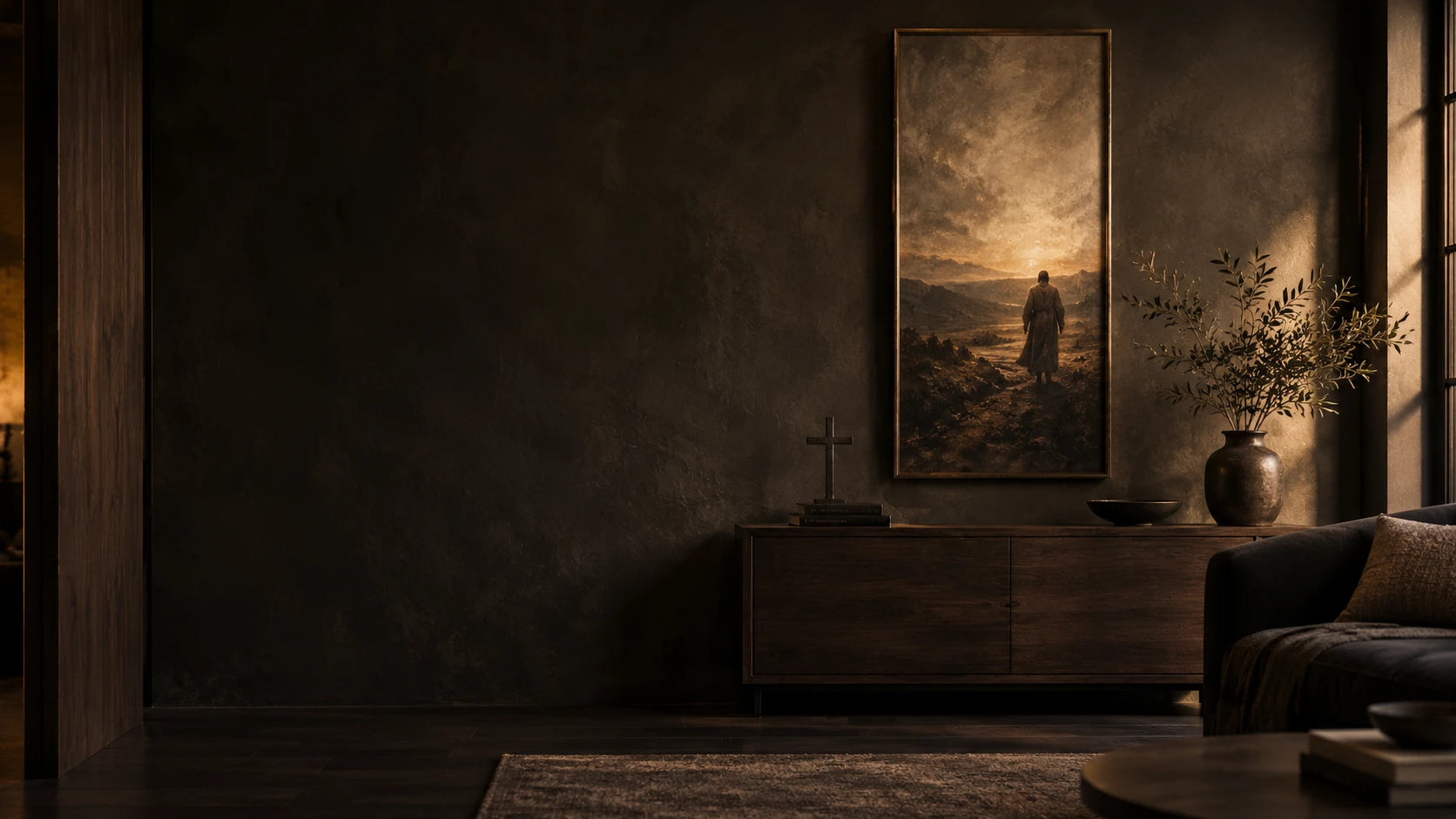 AI-created editorial interior with dark timber, warm light and an original devotional painting.