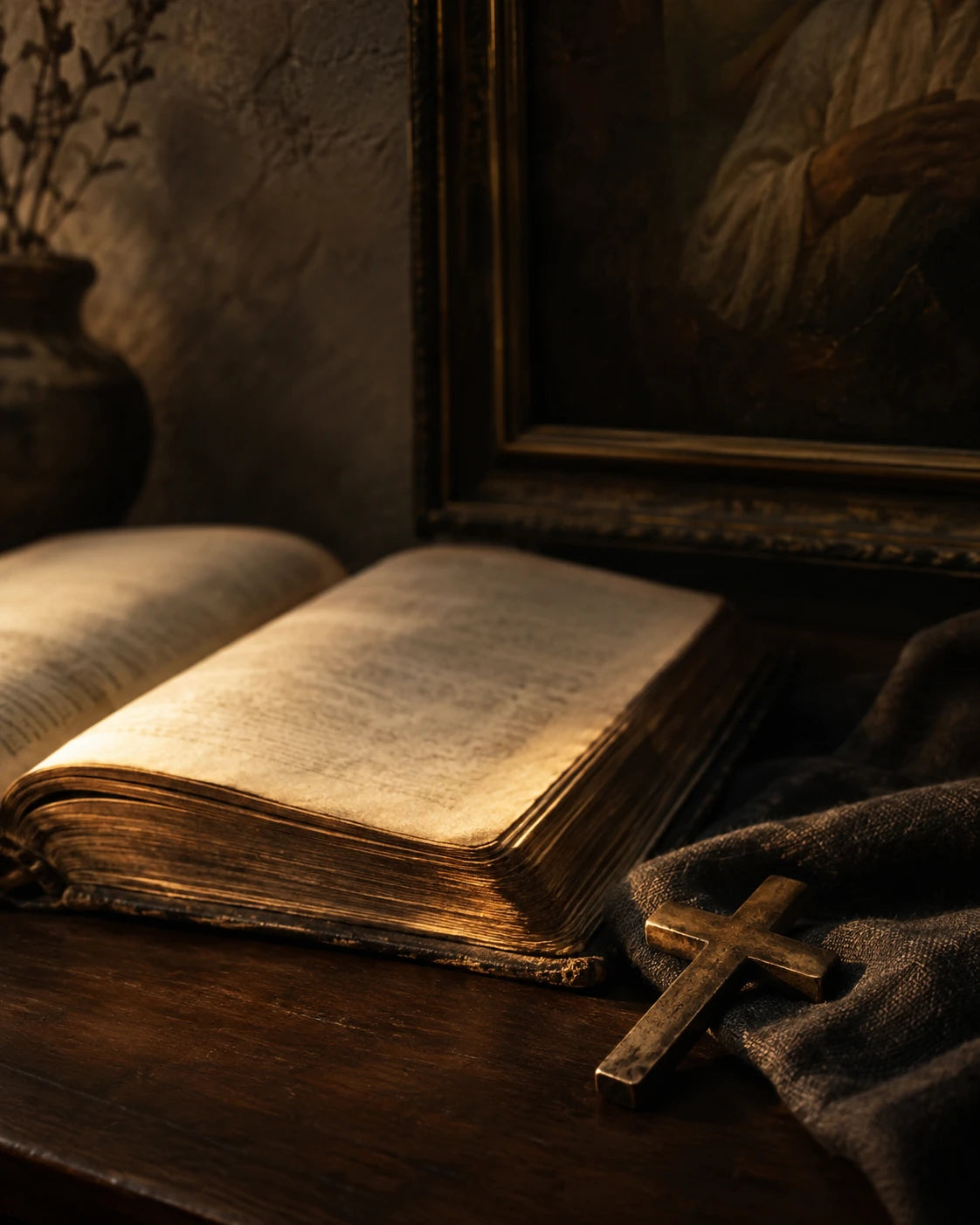 AI-created still life of an open book and bronze cross in warm light on dark wood and linen.